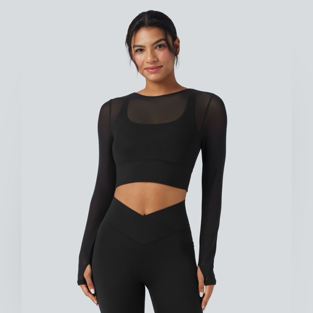 Halara Contrast Mesh Long Sleeve Thumb Hole 2-in-1 Cropped Yoga Sports Top